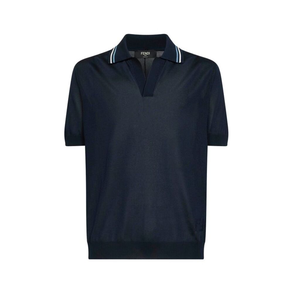 Fendi Men Dark Blue Viscose Knit Polo Shirt With Striped Details